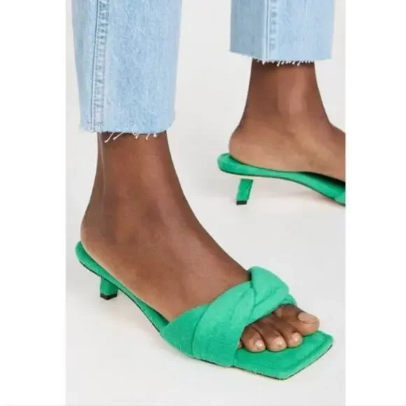 Good American Women's Green Terry Kitten Heel Sandals Kickstand Mules6‎ 1/2-7